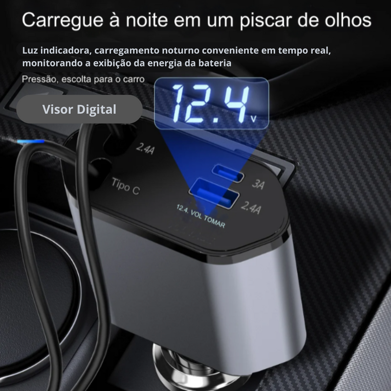 Carregador Turbo 4 em 1 Automotivo com Cabos Retráteis